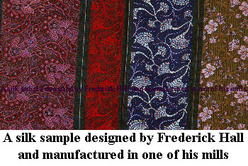 A silk sample designed by Frederick Hall and produced at one of his Macclesfield Mills.